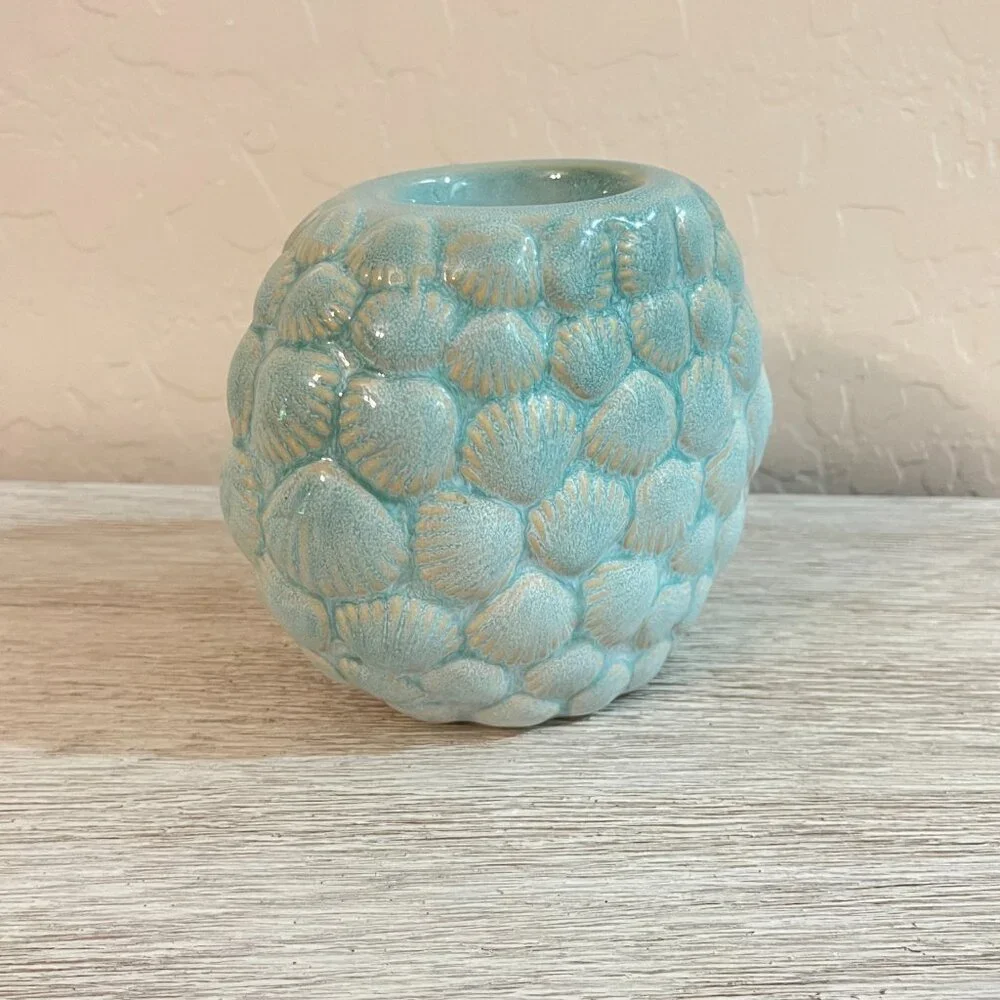 Sanibel Home Blue Sea Shell Candle Holder Votive Ocean Beach Coastal Ceramic